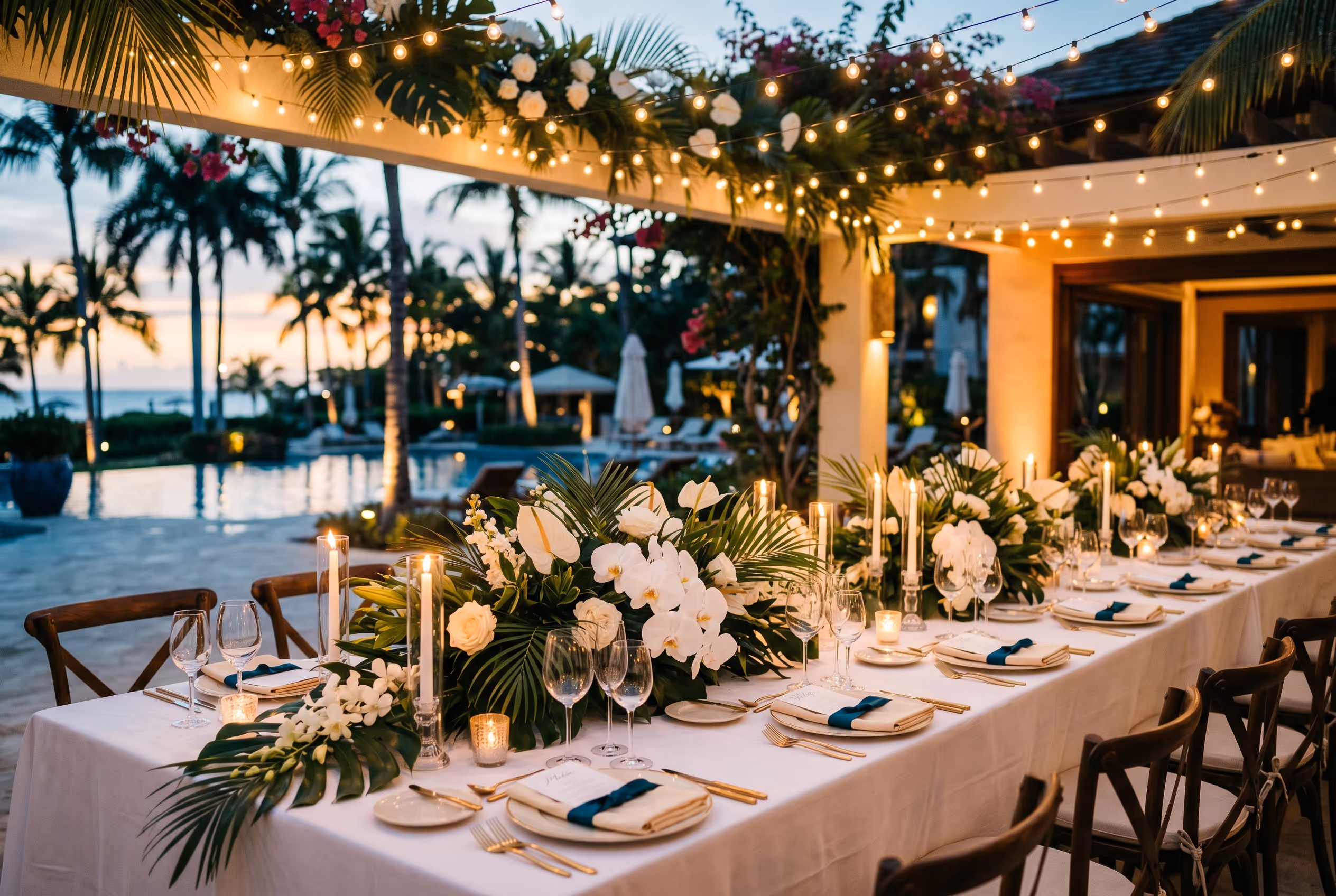 Mesa de boda decorada en Hotel Malibu con mantel blanco, centro floral tropical y luces colgantes