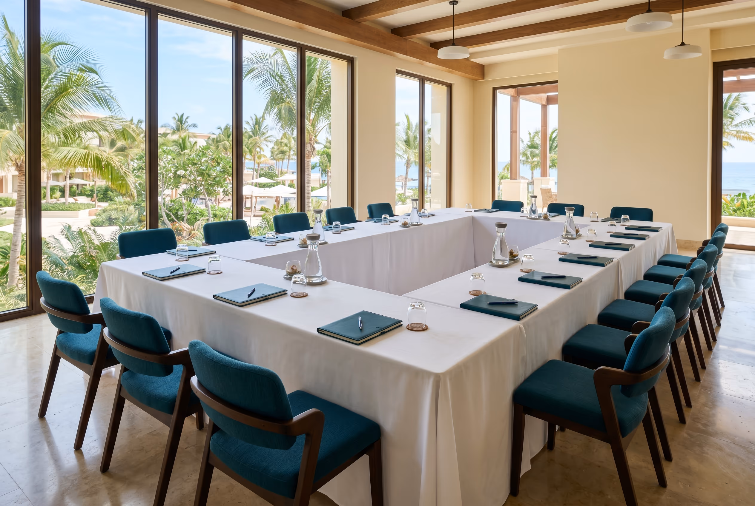 Sala para evento corporativo en Hotel Malibu con mesas en U y manteles blancos