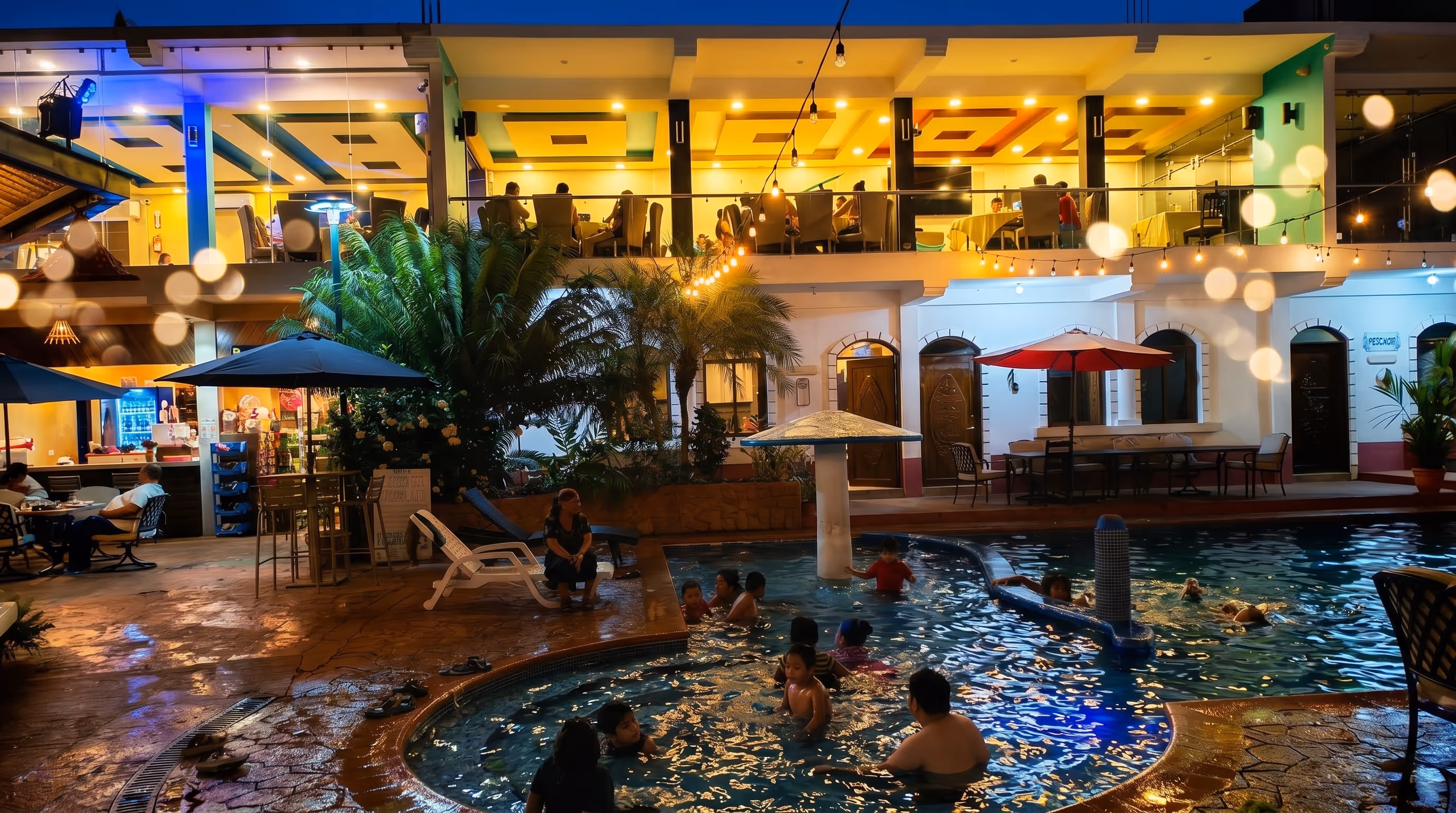 Atardecer en Hotel Malibu con luces colgantes sobre la piscina y restaurante iluminado, ambiente festivo