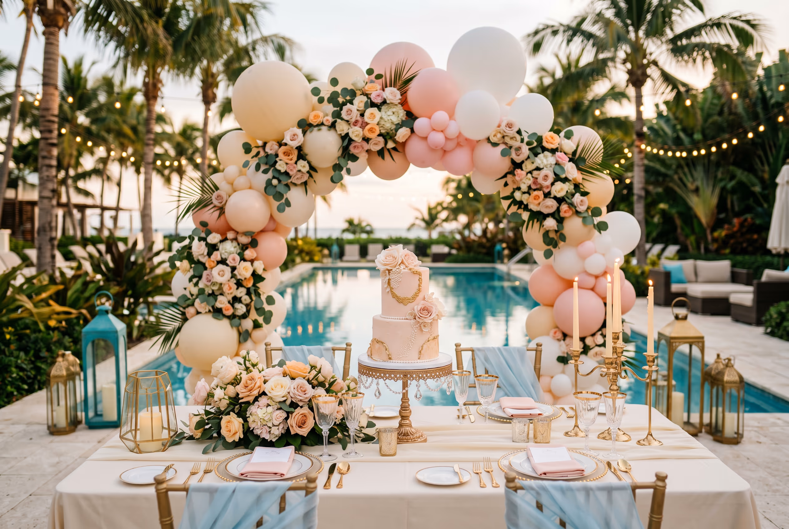Decoración para quinceañera en Hotel Malibu con arco de globos y pastel