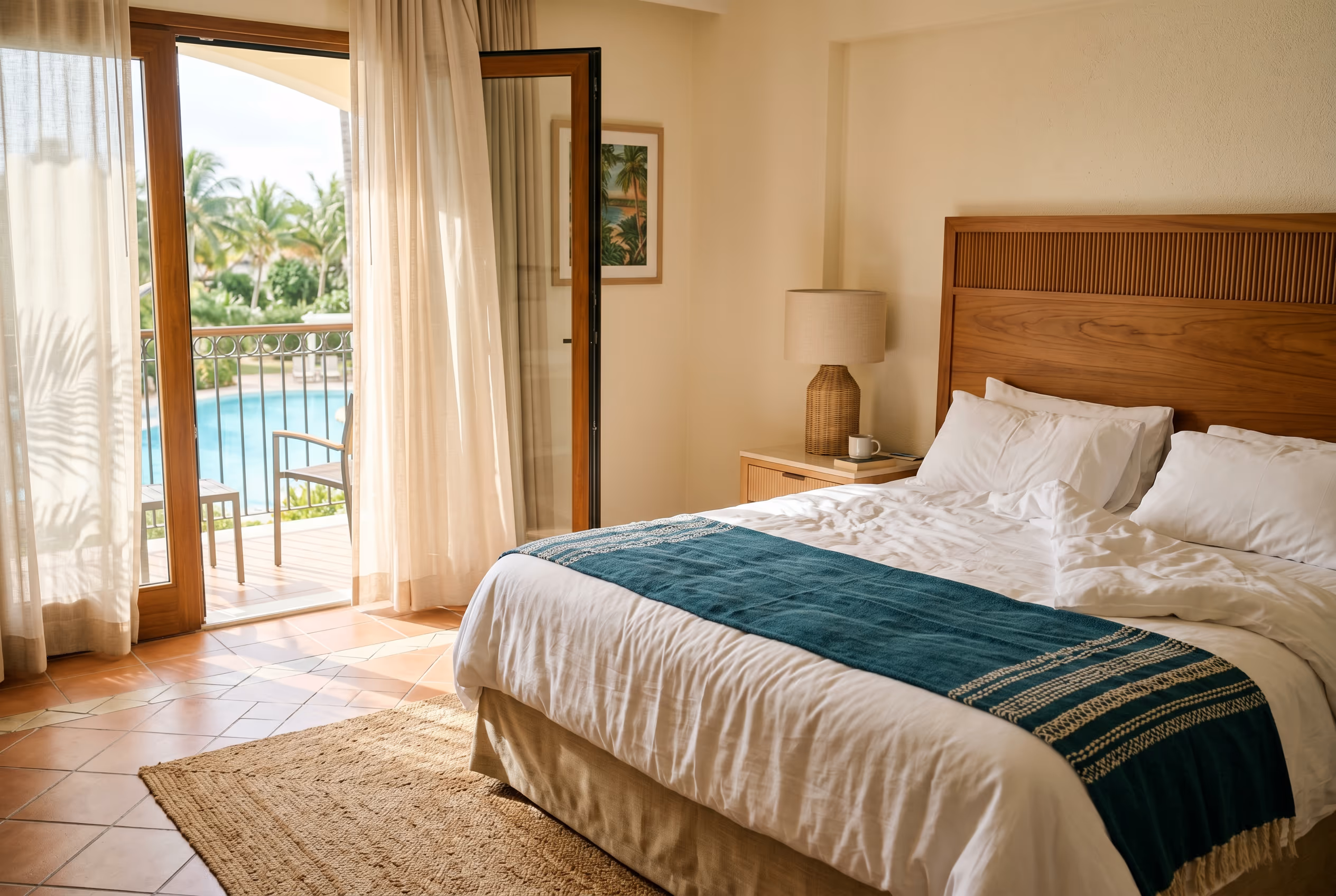 Habitación King de Hotel Malibu con cama matrimonial y decoración cálida