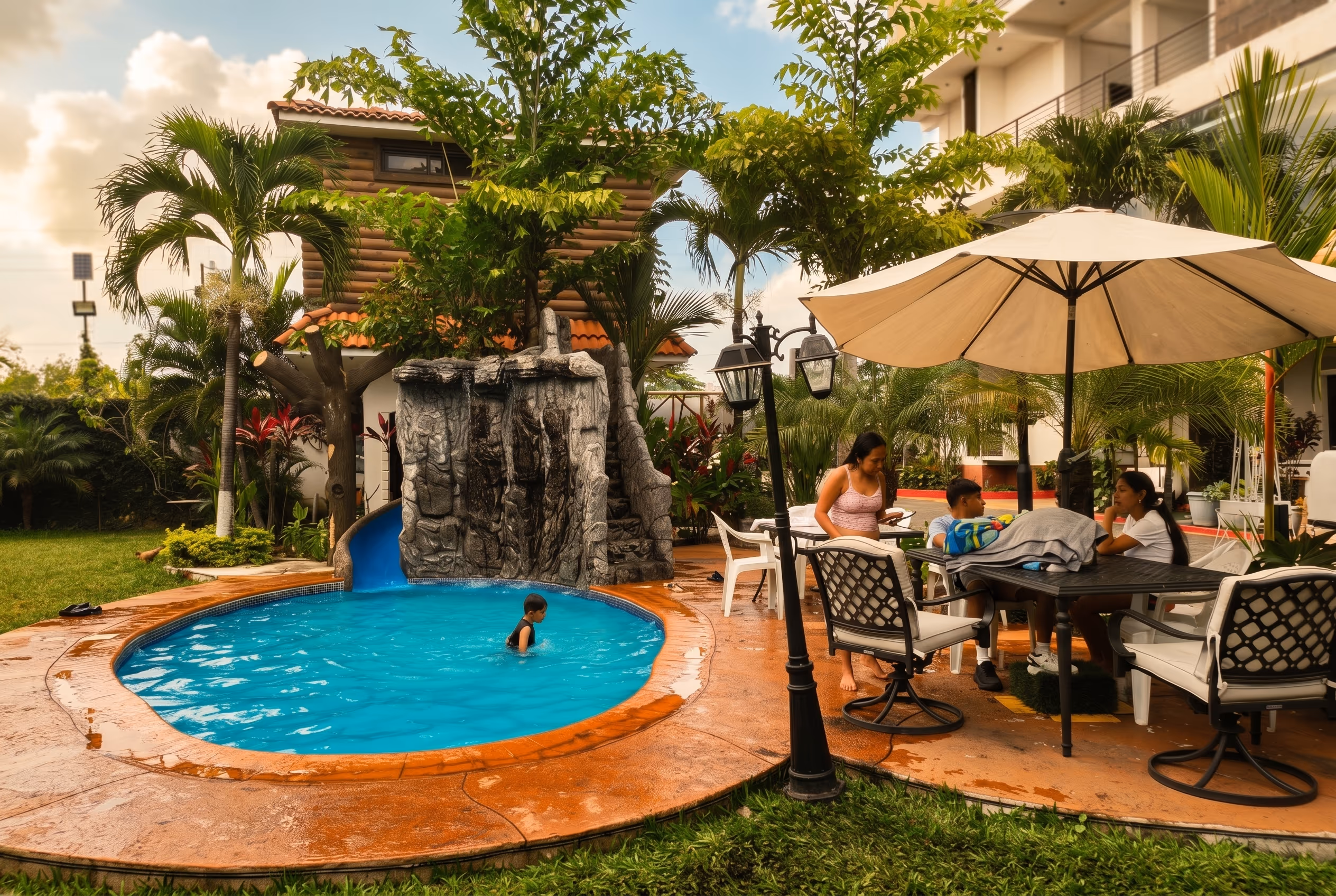 Chapoteadero infantil de Hotel Malibu con sombrillas y palmeras