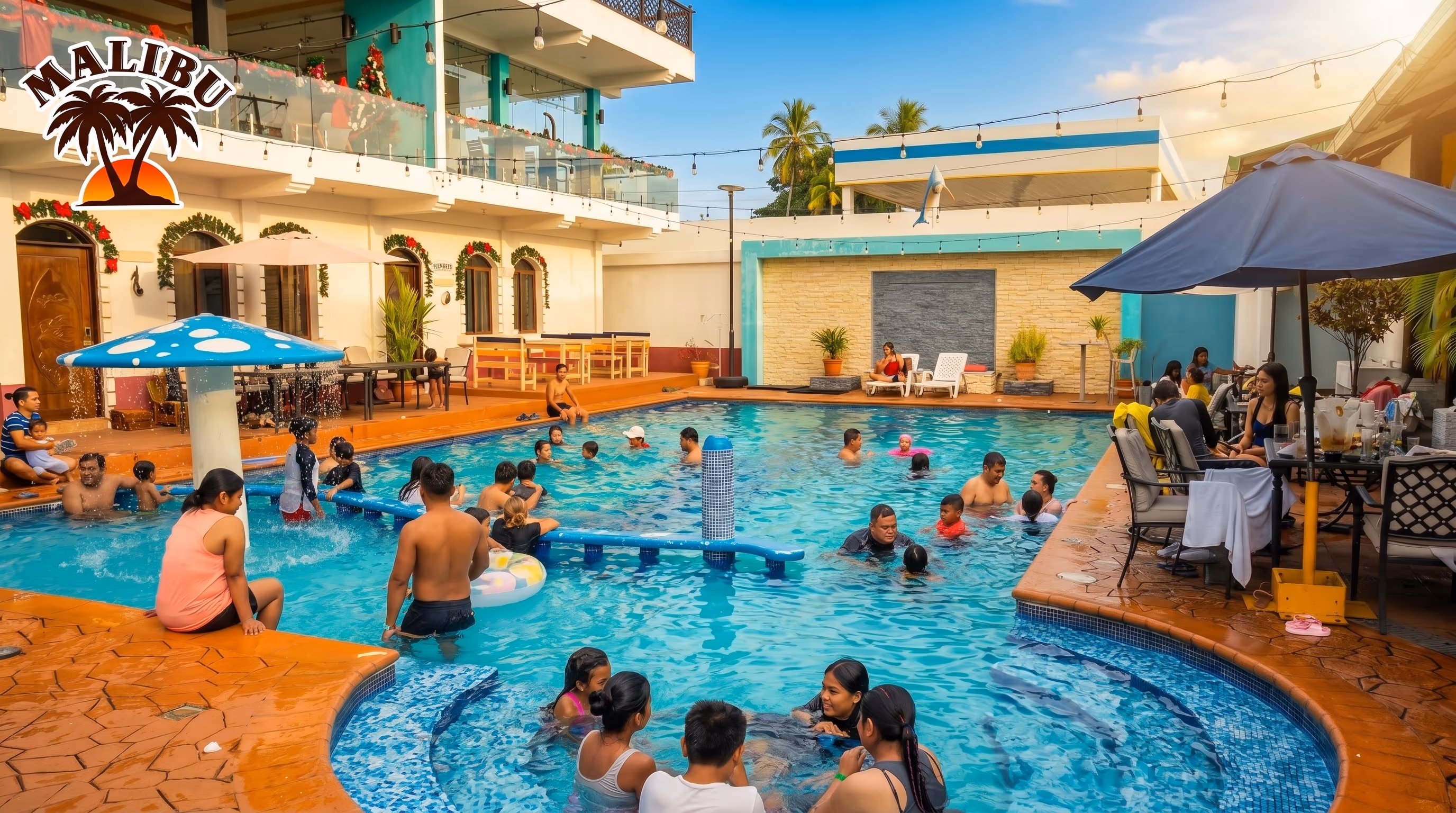 Piscina principal de Hotel Malibu con tumbonas y palmeras al fondo