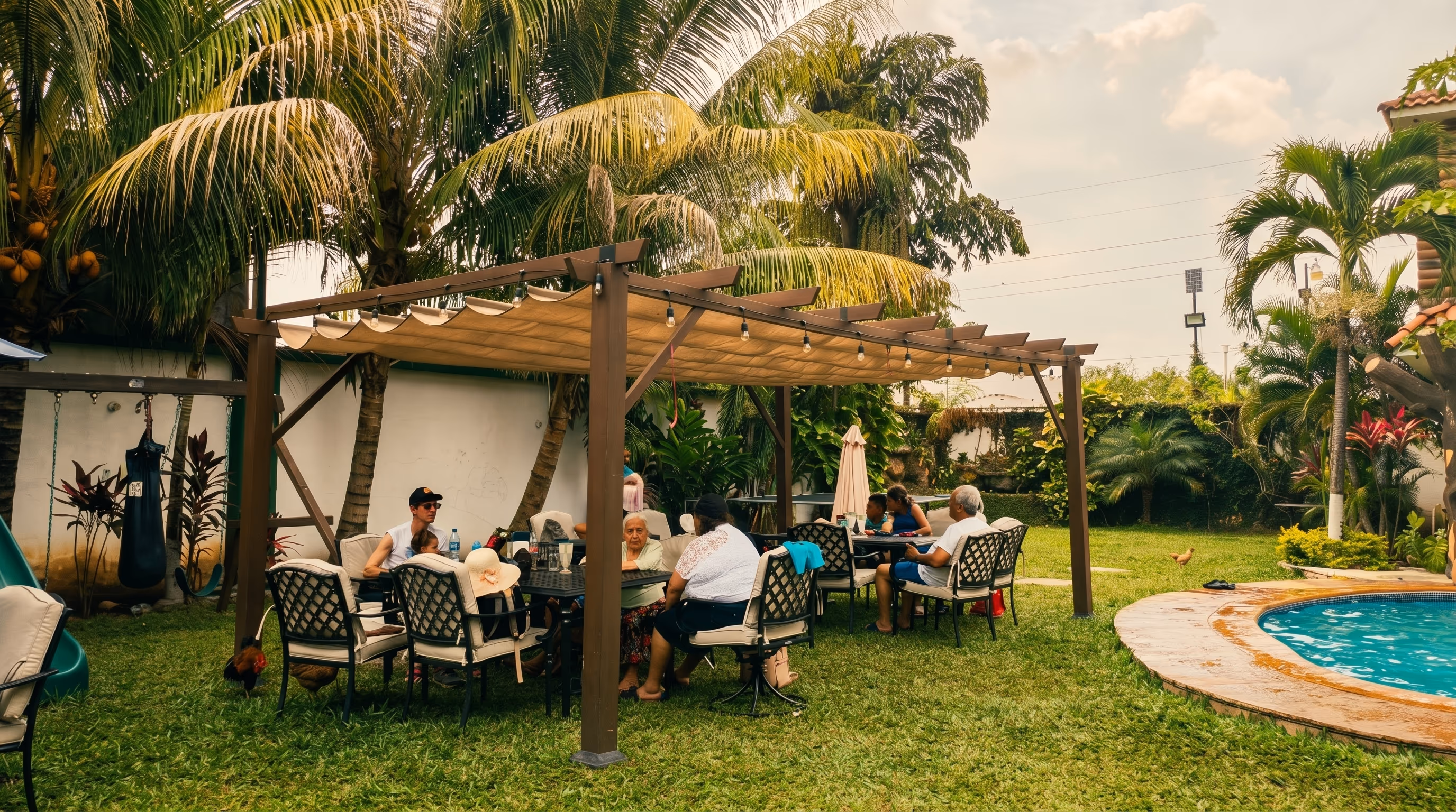 Terraza del restaurante de Hotel Malibu con mesas bajo pergola y vista a la finca